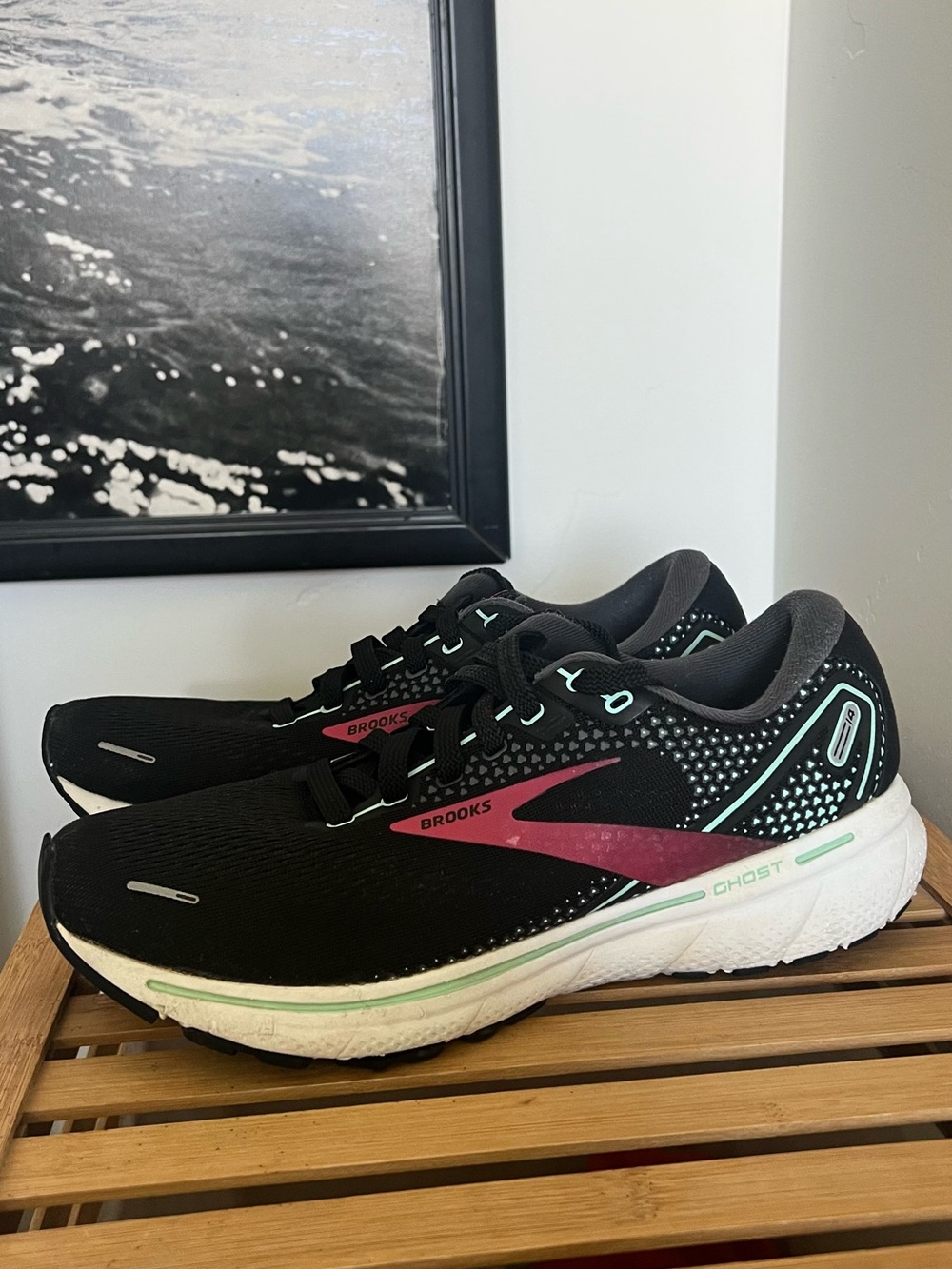 Brooks Women's Ghost Running Shoes — Black with Pink and Mint Accents